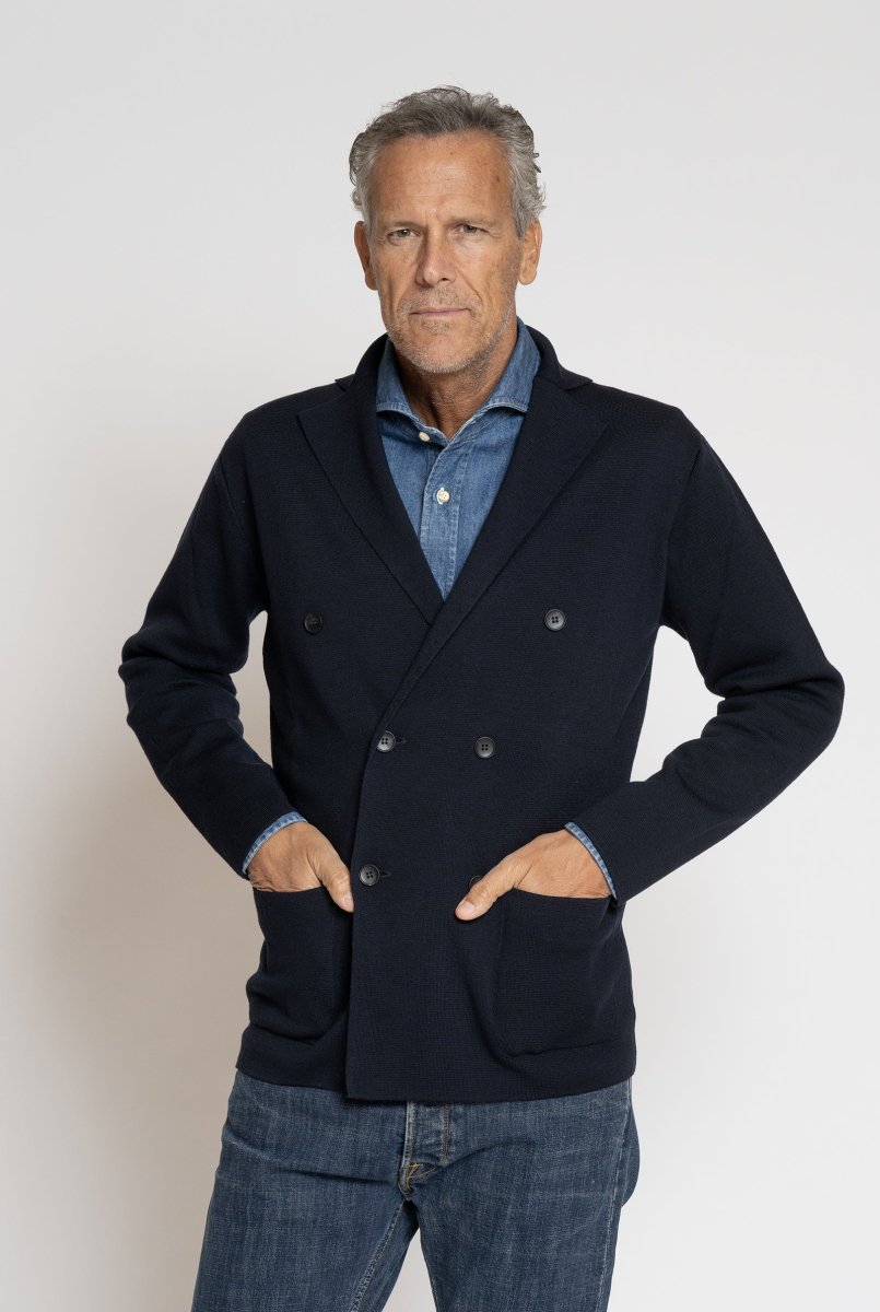 Giacca a Maglia in Lana Merino Doppiopetto Blu