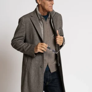 Cappotto in Lana con Collo e Petto Trapuntato Staccabile Spigato Beige e Marrone - Realizzabile Anche Su Misura